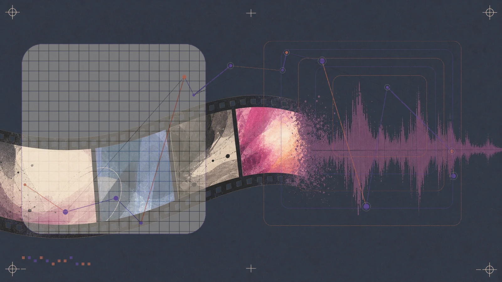The best AI tools for social media: waveform bands and frame sequences.