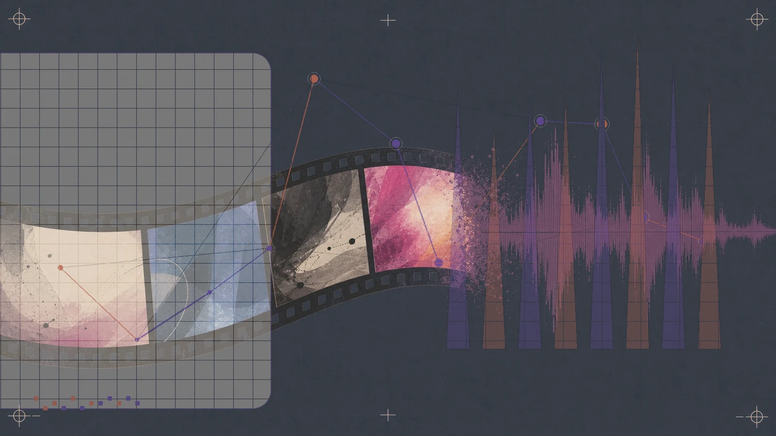 AI video generators in 2026: Veo, Runway, Kling, Luma, and Pika: waveform bands and frame sequences.