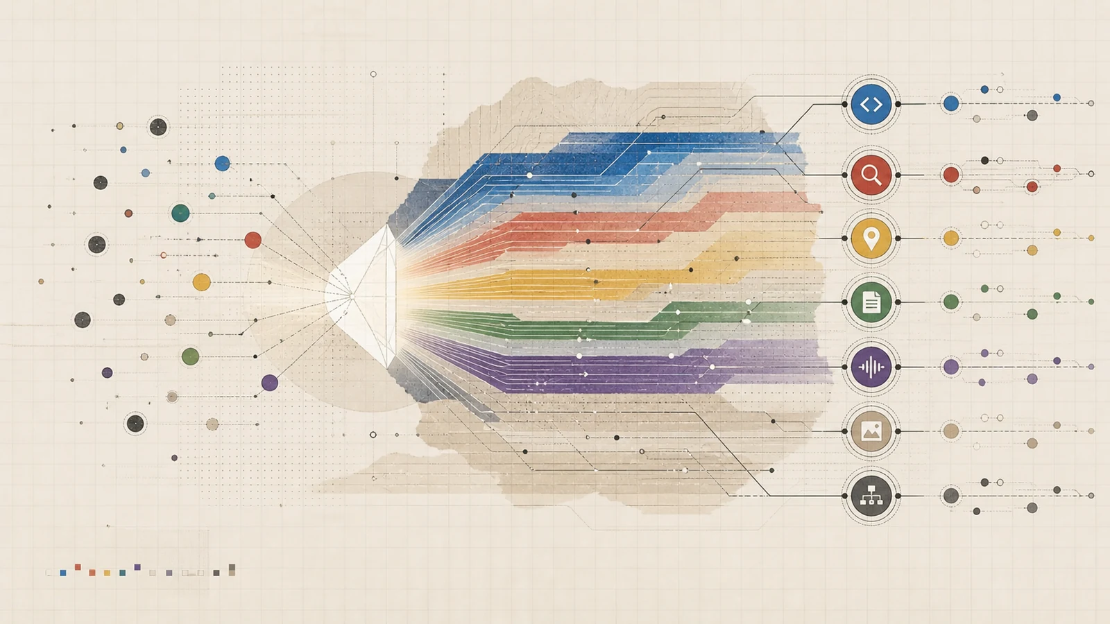 A prism routes code, documents, maps, audio, images, and search through a shared reasoning core.