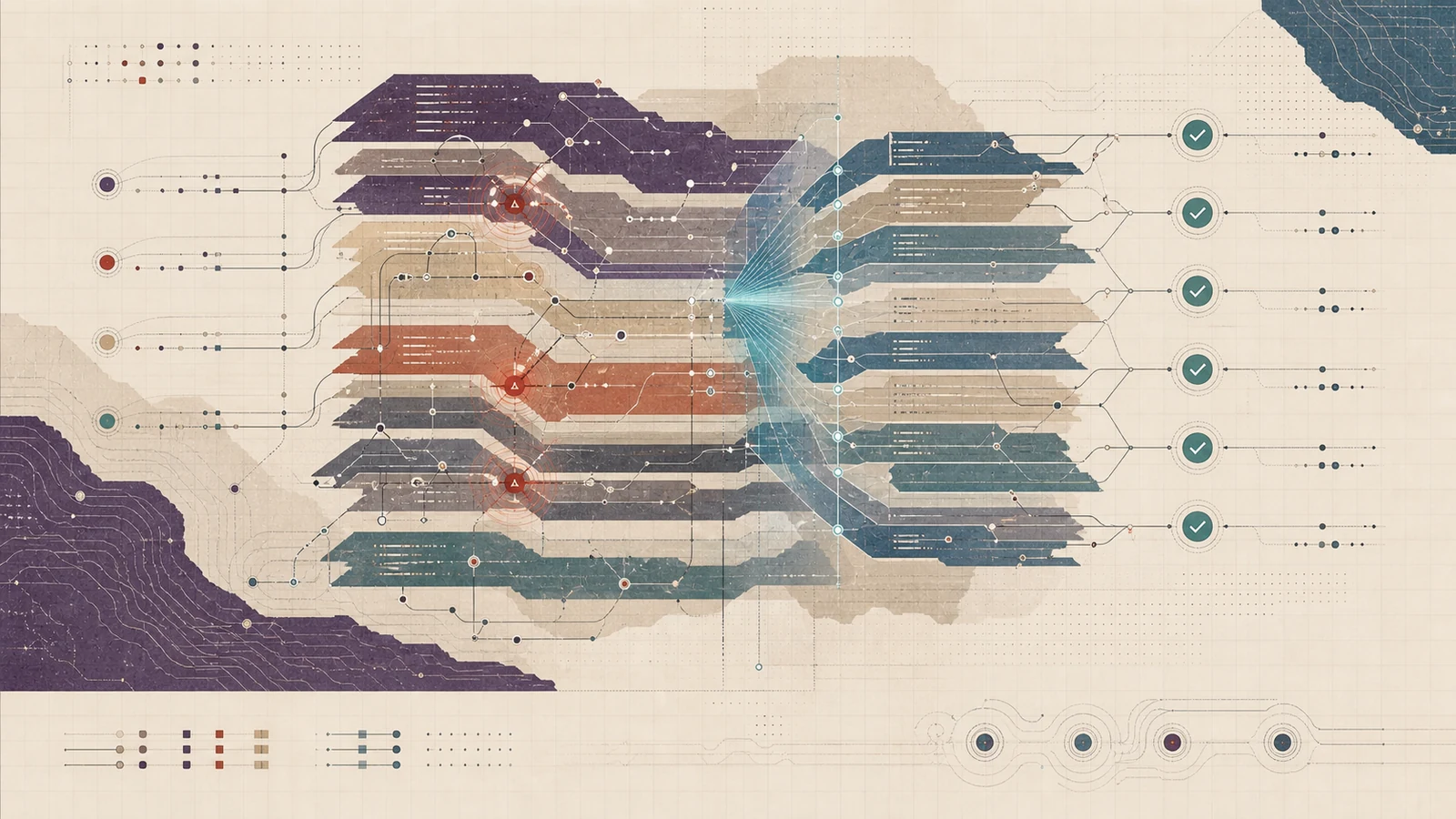 A layered software lattice passes through diagnostic, repair, and defensive safety scans.
